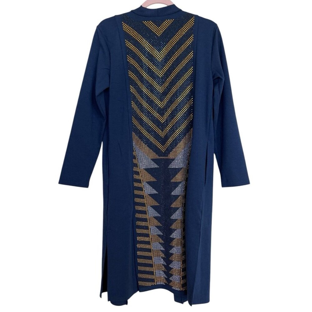 Antthony OriginalsDuster Women’s‎ Size Small S Long Open Front Blue Gold Studded